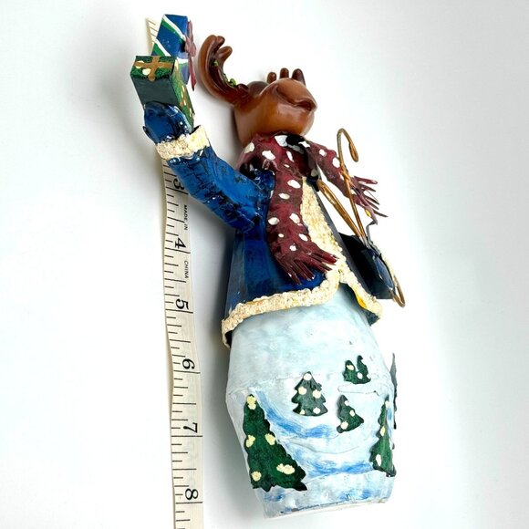 Hand-Painted Christmas Moose Figurine Holding Gift & Bird Metal 8" - Picture 2 of 7